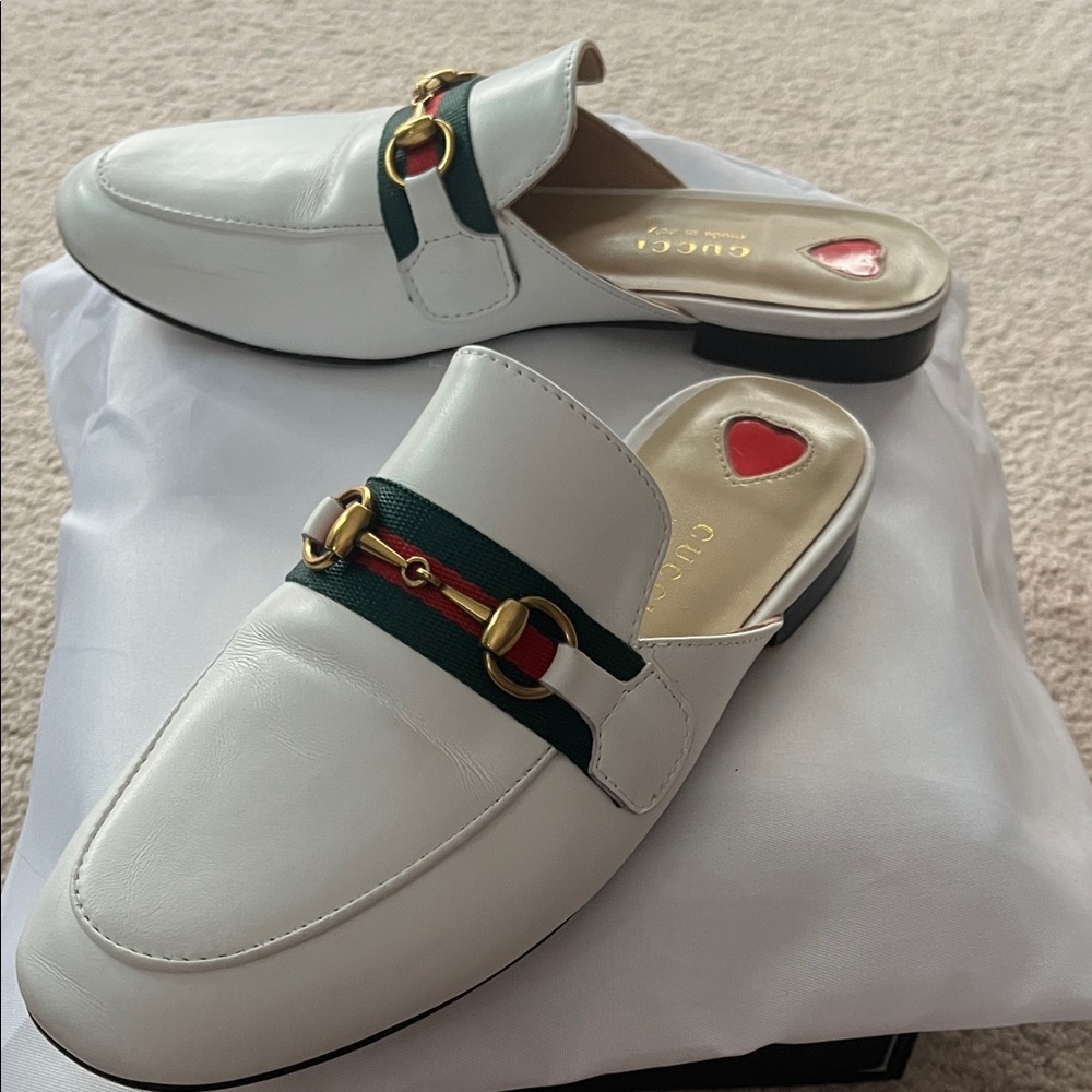 Gucci Women's White Leather Mules with Gold Accents